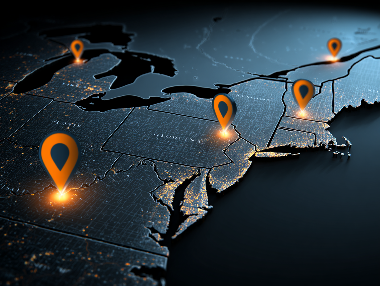 Classroom soundproofing service area map with location pins across northeastern USA